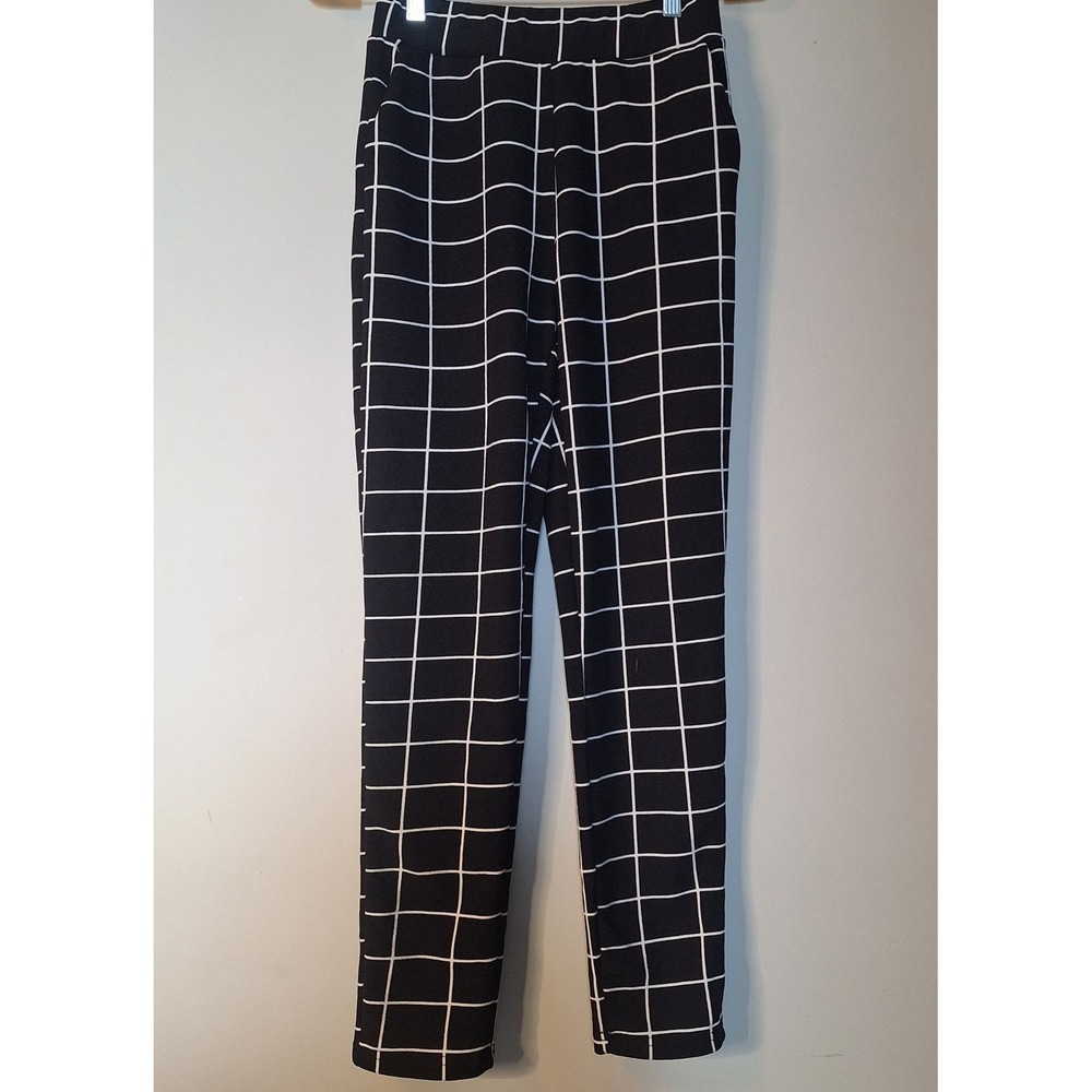 SHEIN Black White Windowpane Grid Print High Waist Pants Size Small